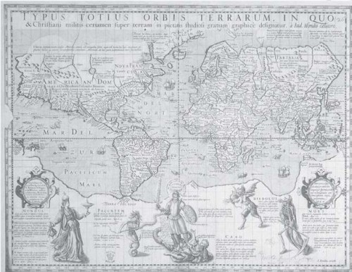 Este fascinante mapa fue diseñado por Jodocus Hondius (versión latinizada de Joost de Hondt), un artista holandés, grabador y cartógrafo. Es conocido por haber hecho algunos de los primeros mapas del Nuevo Mundo y de Europa. Ayudó a establecer Ámsterdam como centro de la cartografía en Europa en el siglo XVII.