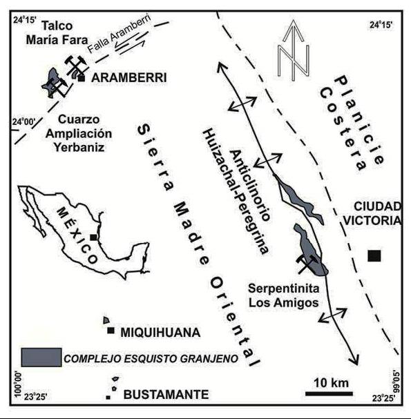 Fig. 1. Distribución del Esquisto Granjeno en la Sierra Madre Oriental (modificado de Barboza et al.)3 y con ubicación de los recursos industriales.